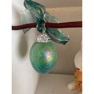 NEW Vintage Glass Egg Ornament Crackle Finish 2-Tone Green Yellow with Ribbon